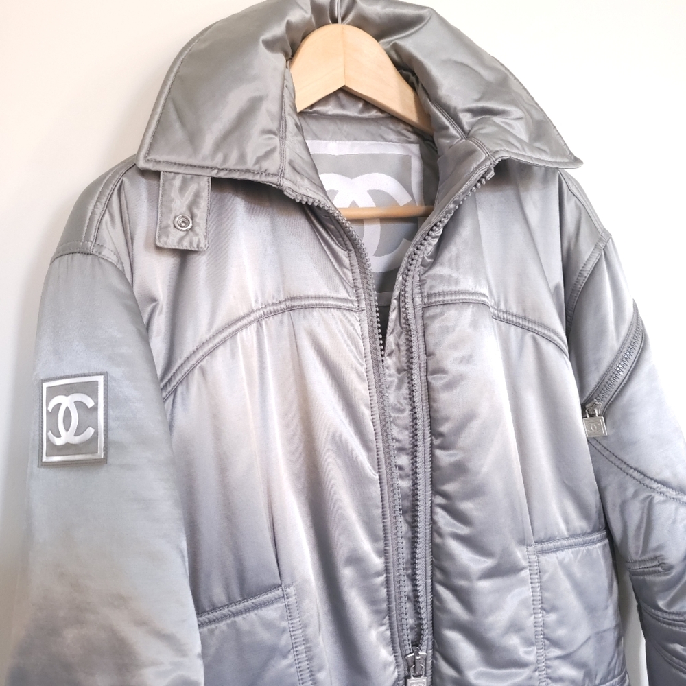 Chanel puffer ski jacket coat silver gray